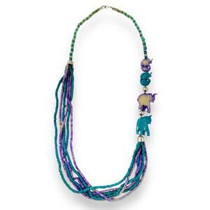 Vintage 1970’s Beaded Teal Purple Carved Elephants Multi-Strand Boho Necklace